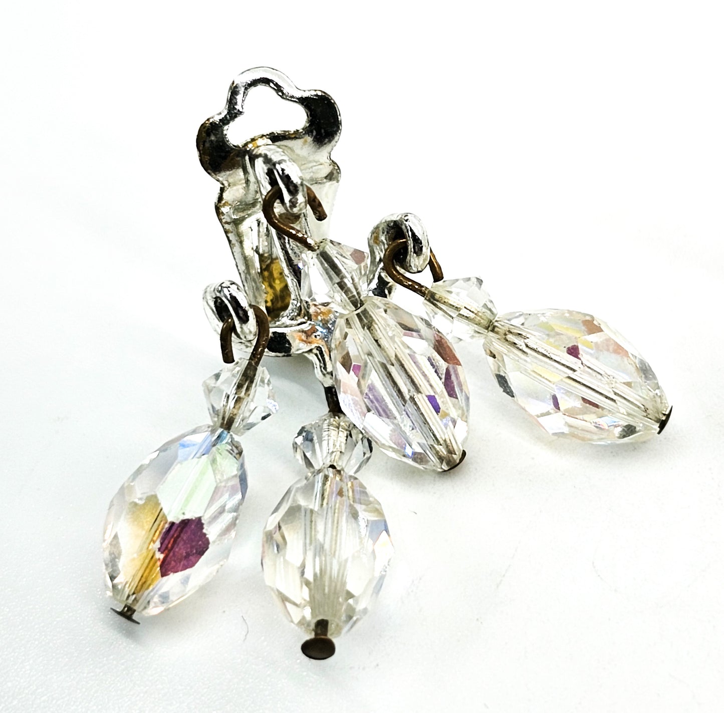 Austrian crystal Aurora Borealis rainbow drop clip on vintage earrings