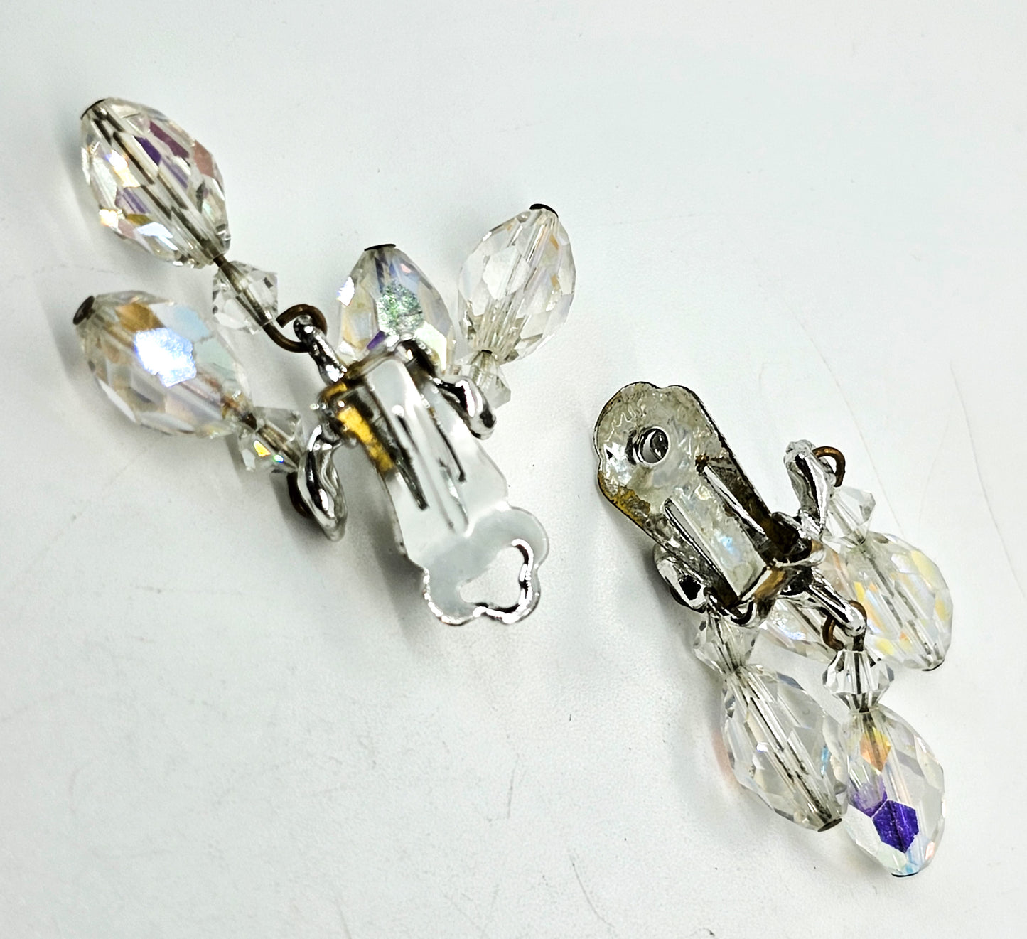 Austrian crystal Aurora Borealis rainbow drop clip on vintage earrings