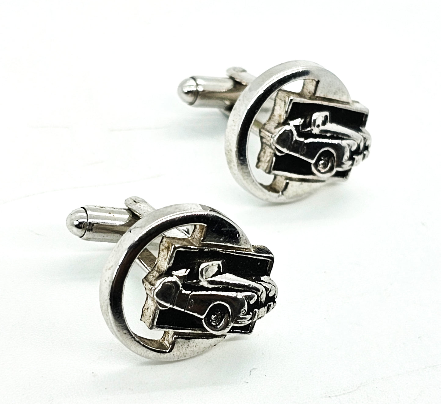 Chevy Car vintage silver toned open work cuff links