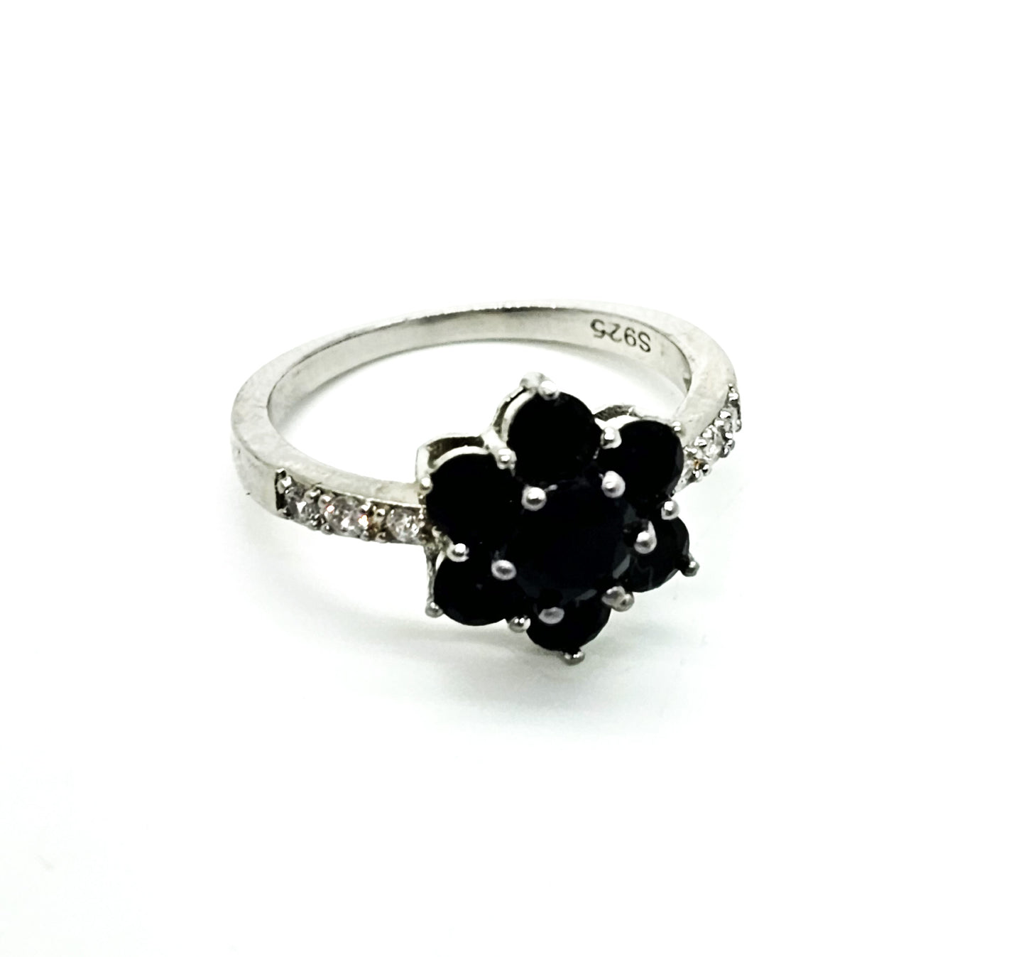 Black faceted glass flower Cubic Zirconia sterling silver ring size 10