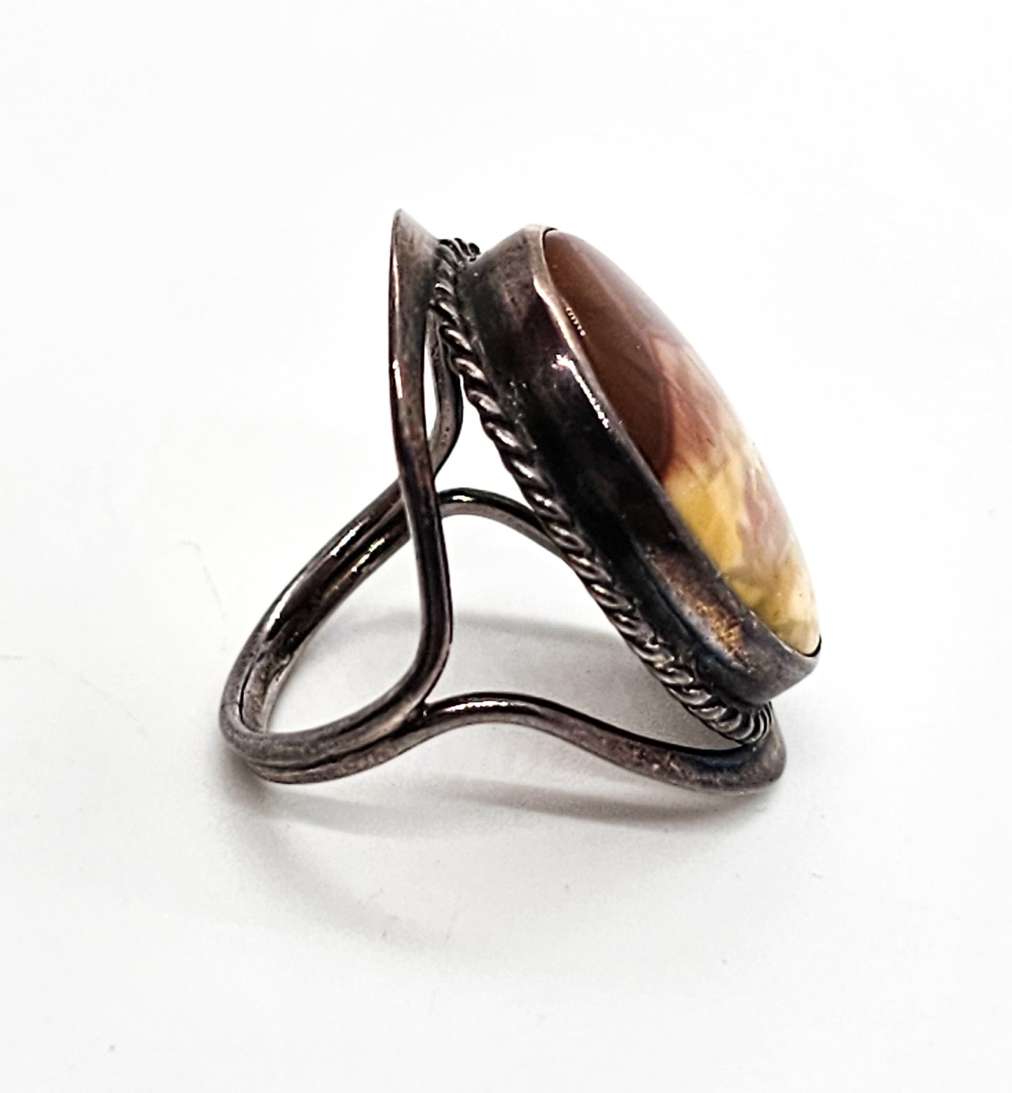 Picture jasper split shank twisted rope vintage sterling silver ring size 6.5