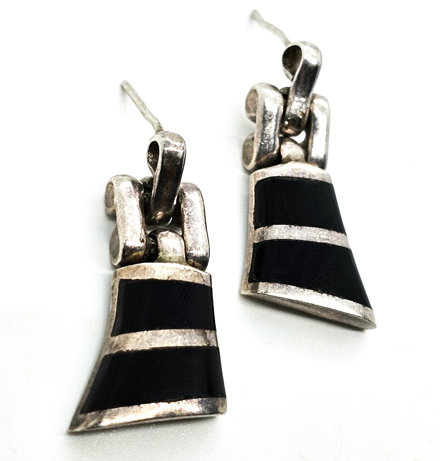 Abstract black onyx banded Taxco Mexico vintage sterling silver earrings