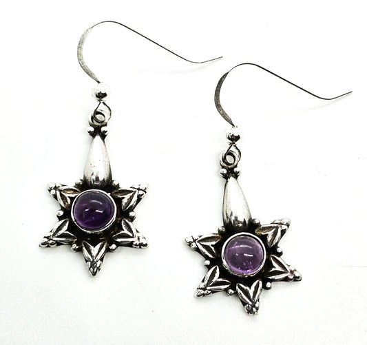 Tribal star purple amethyst gemstone Bali Balinese sterling silver earrings