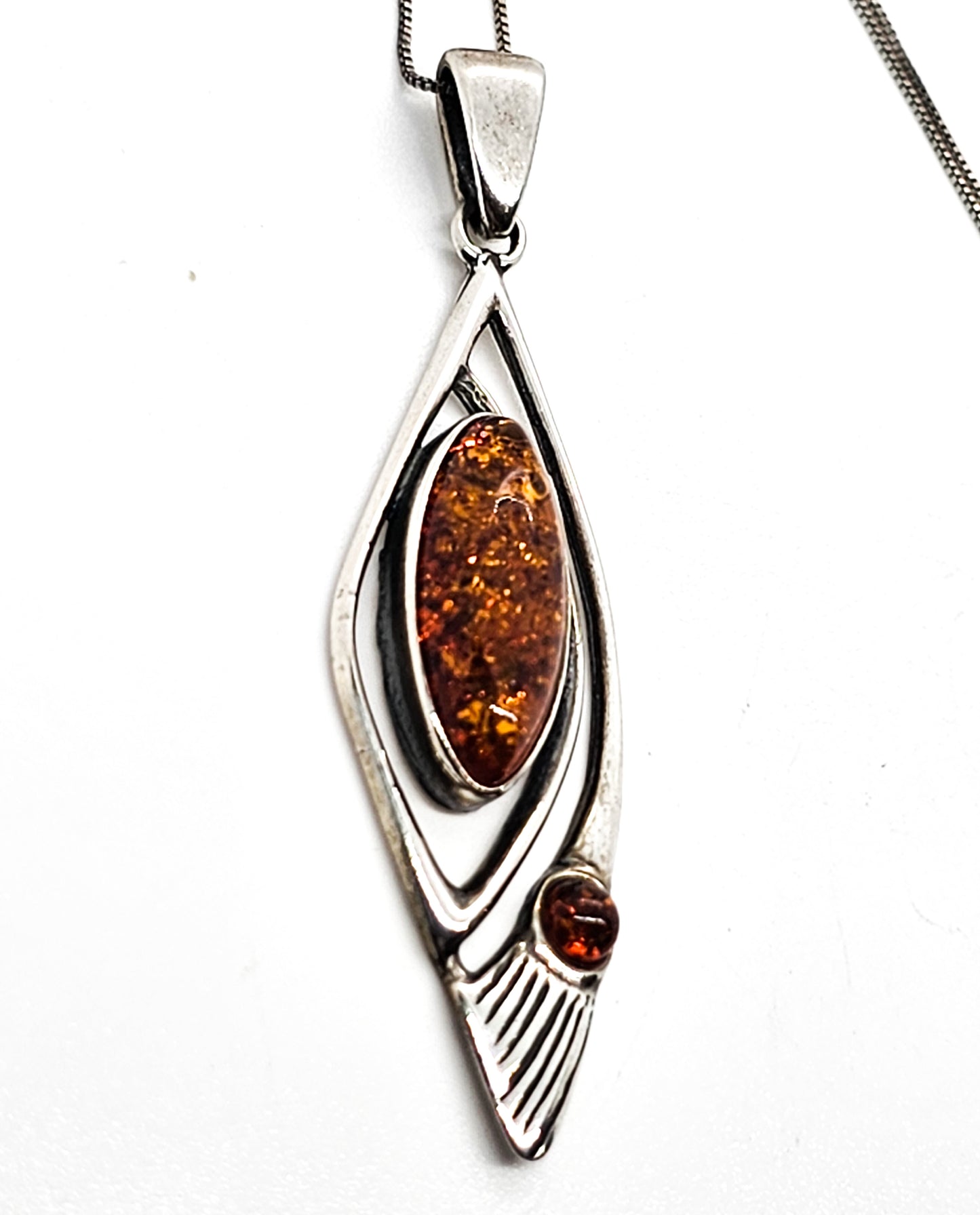 Polish Orange Amber abstract sterling silver vintage pendant necklace