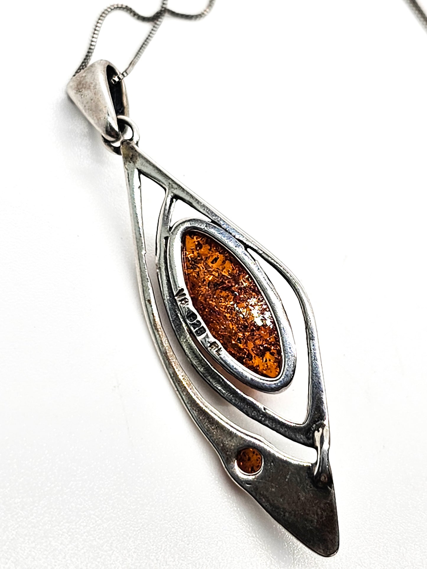 Polish Orange Amber abstract sterling silver vintage pendant necklace