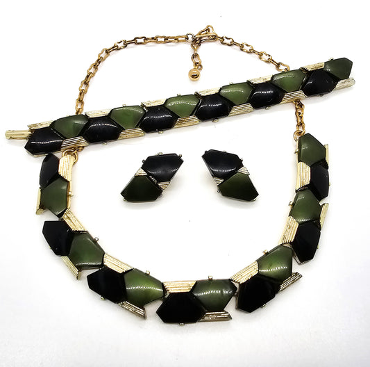 Black and green Lucite gold toned mid century vintage demi parure set