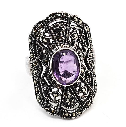 MC Amethyst and Marcasite open work sterling silver ring size 6.5