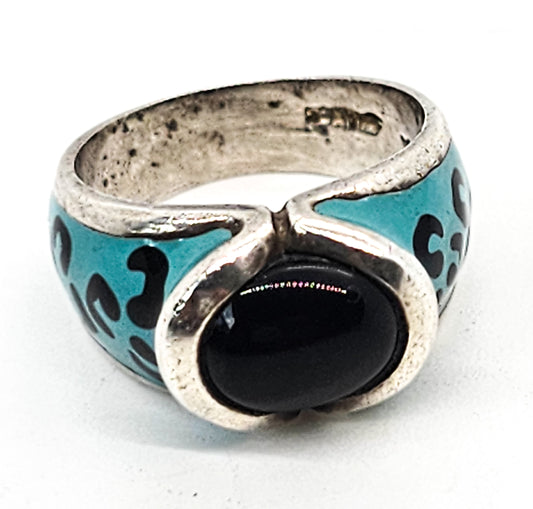 David Saigal Blue leopard print enamel onyx sterling silver ring size 7 Canada