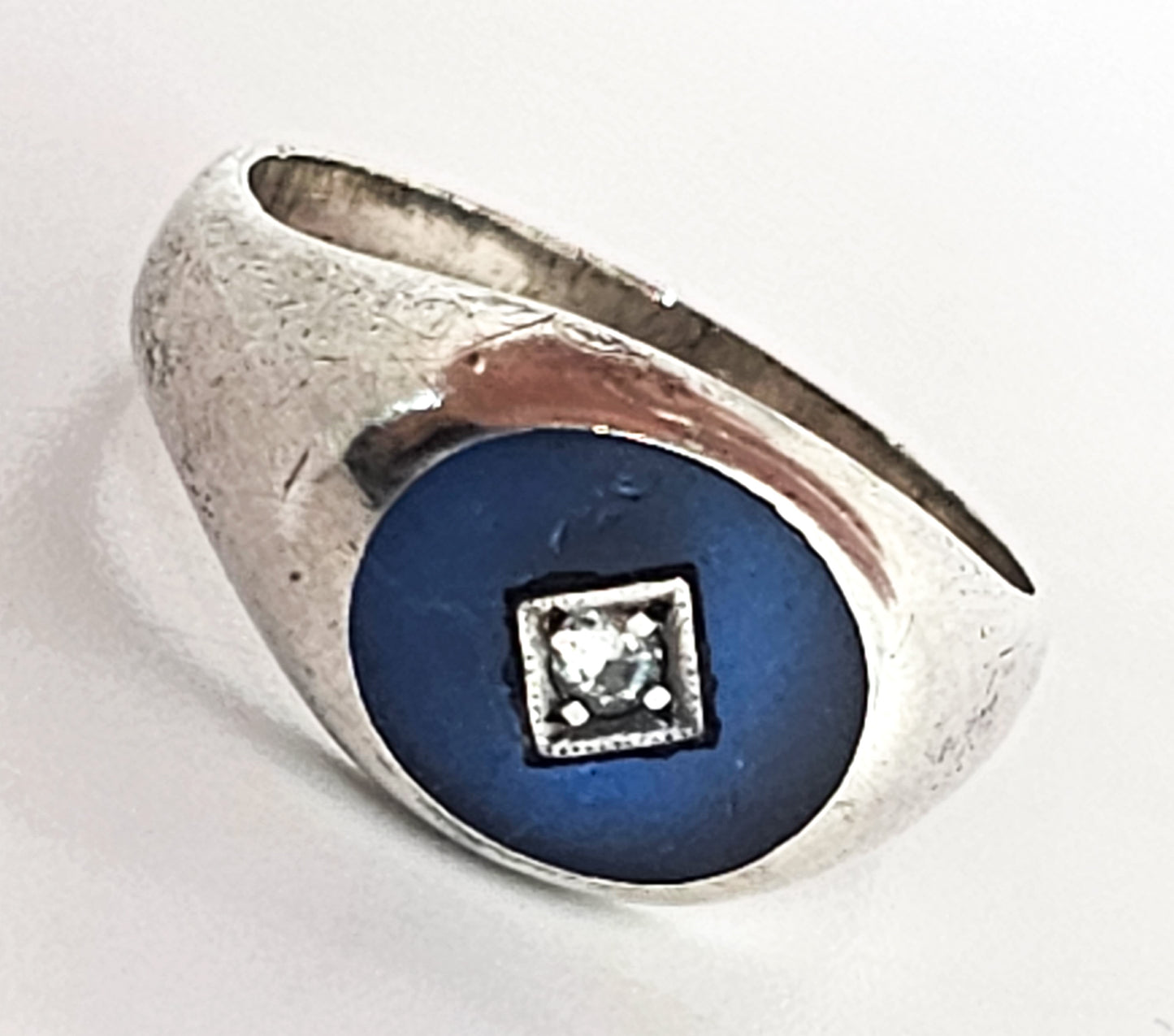 Art Deco Rock Crystal blue frosted glass sterling silver signet ring size 10