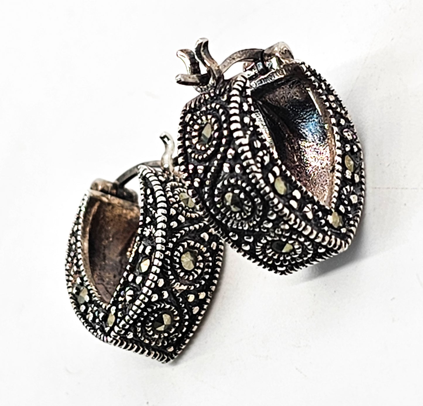 Marcasite Thick Tear Drop vintage sterling silver hoop earrings