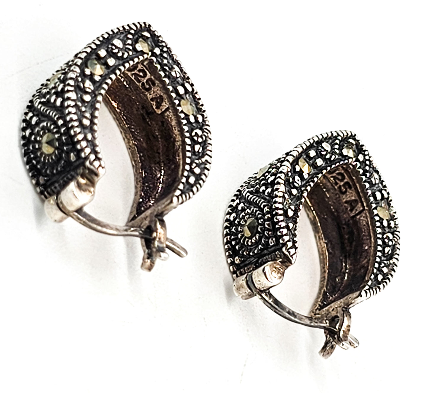 Marcasite Thick Tear Drop vintage sterling silver hoop earrings