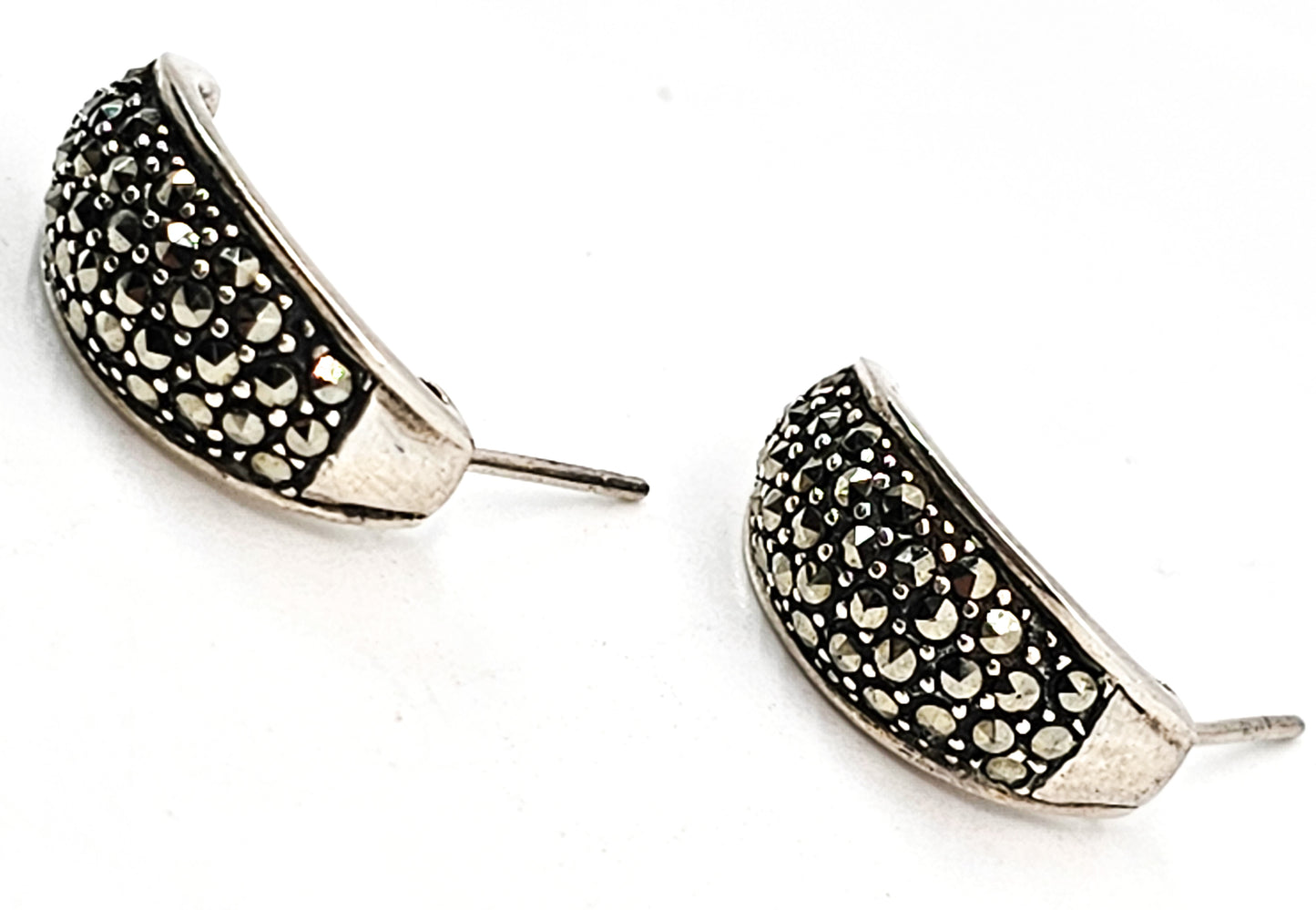 Marcasite crescent moon thick sterling silver vintage hoop huggie earrings