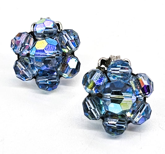 Blue Austrian Crystal Aurora Borealis Beaded vintage clip on earrings