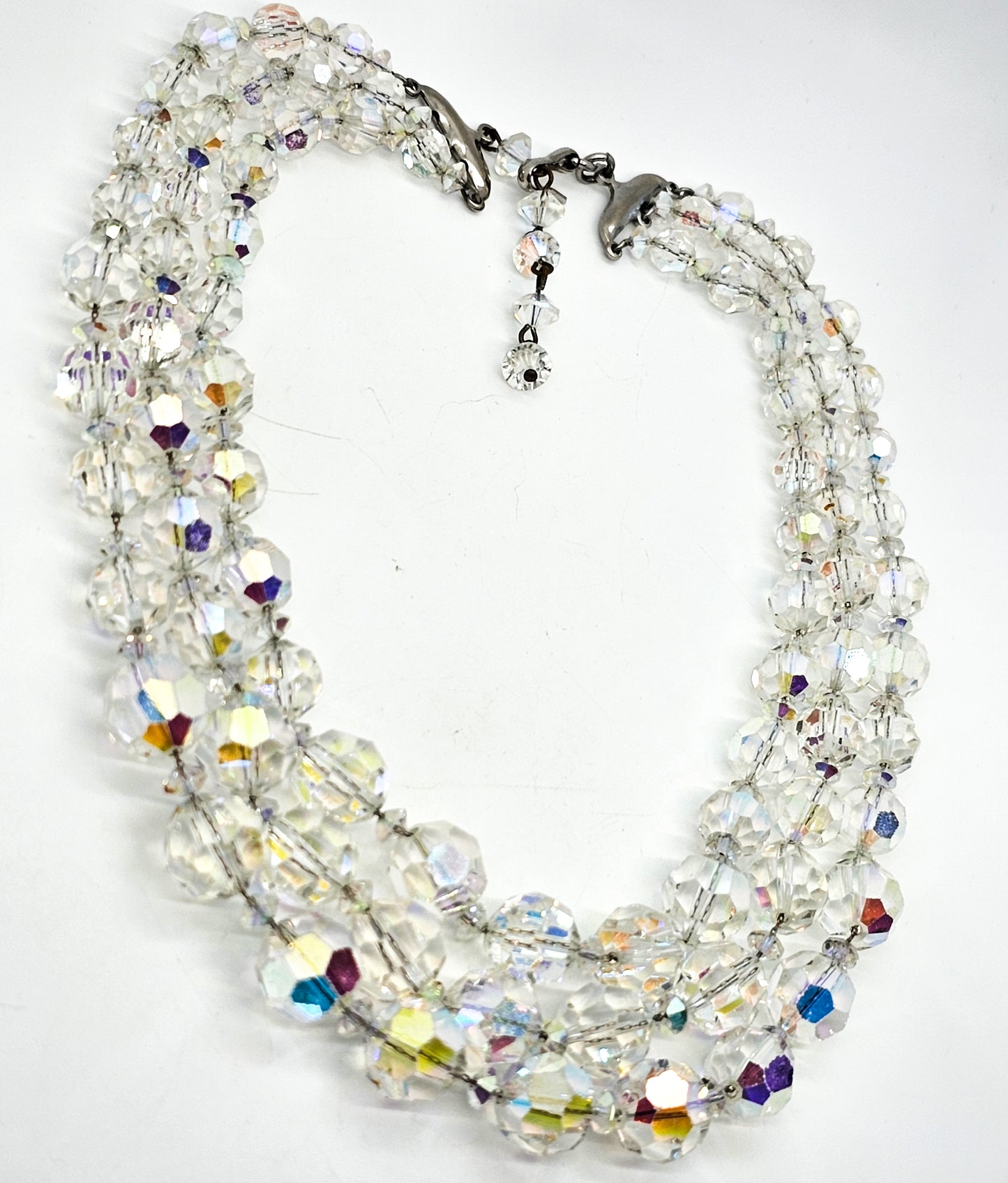Austrian crystal aurora borealis three strand triple beaded vintage necklace