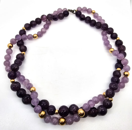 Amethyst double strand twisted two toned gold accented vintage beaded necklace