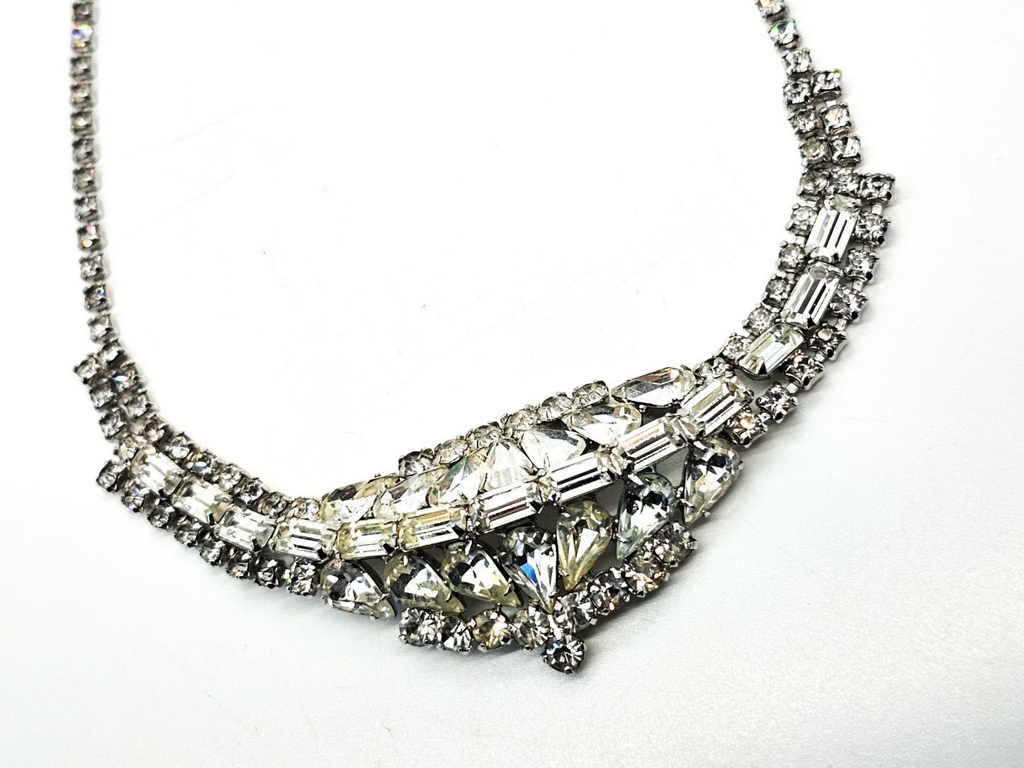 Large Clear rhinestone pear cut domed vintage statement necklace