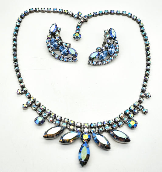 Blue marquis aurora borealis rhinestone necklace and earrings demi parure set