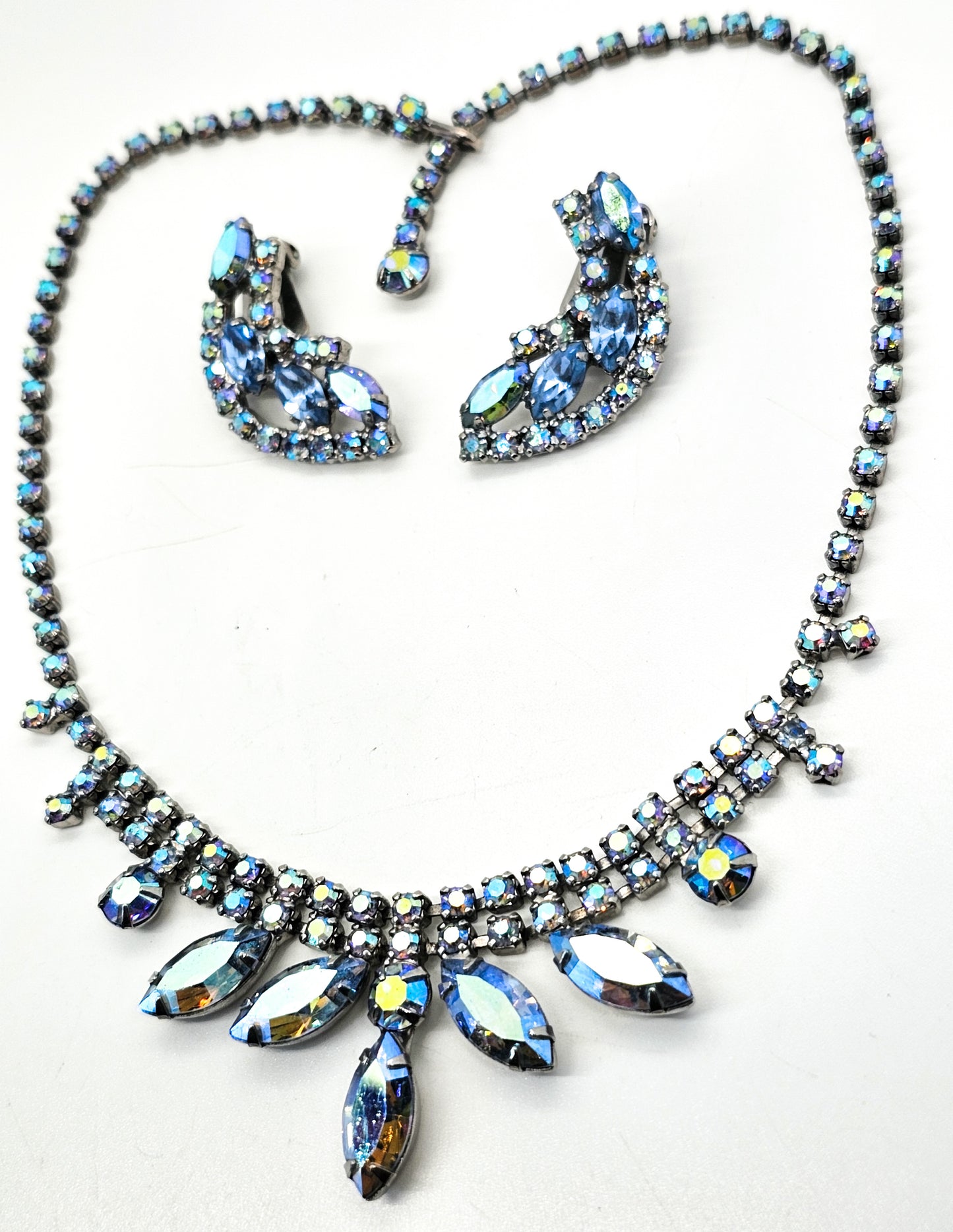 Blue marquis aurora borealis rhinestone necklace and earrings demi parure set