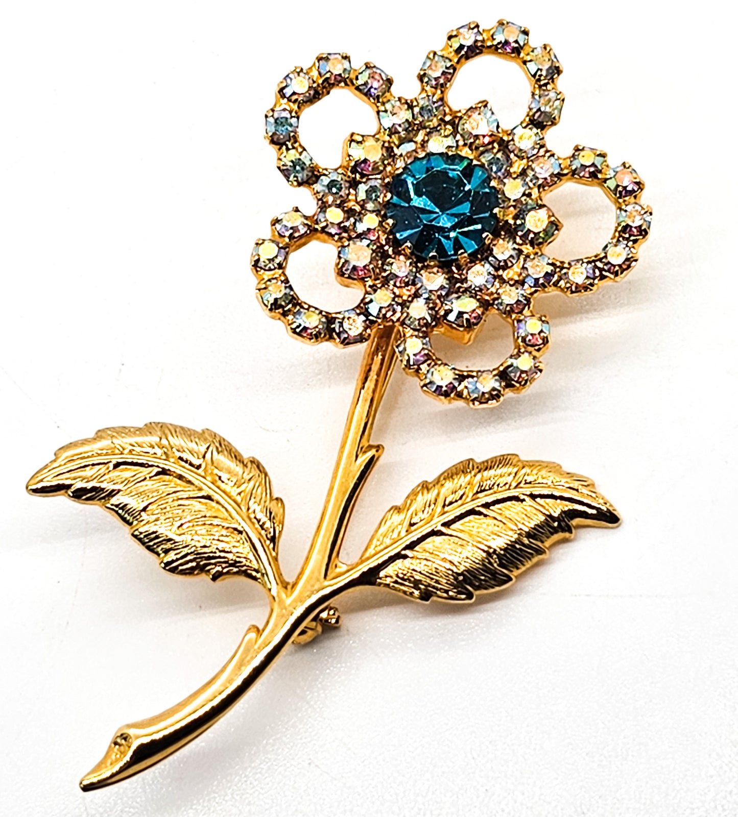 Aqua blue gold toned aurora borealis vintage daisy flower rhinestone brooch