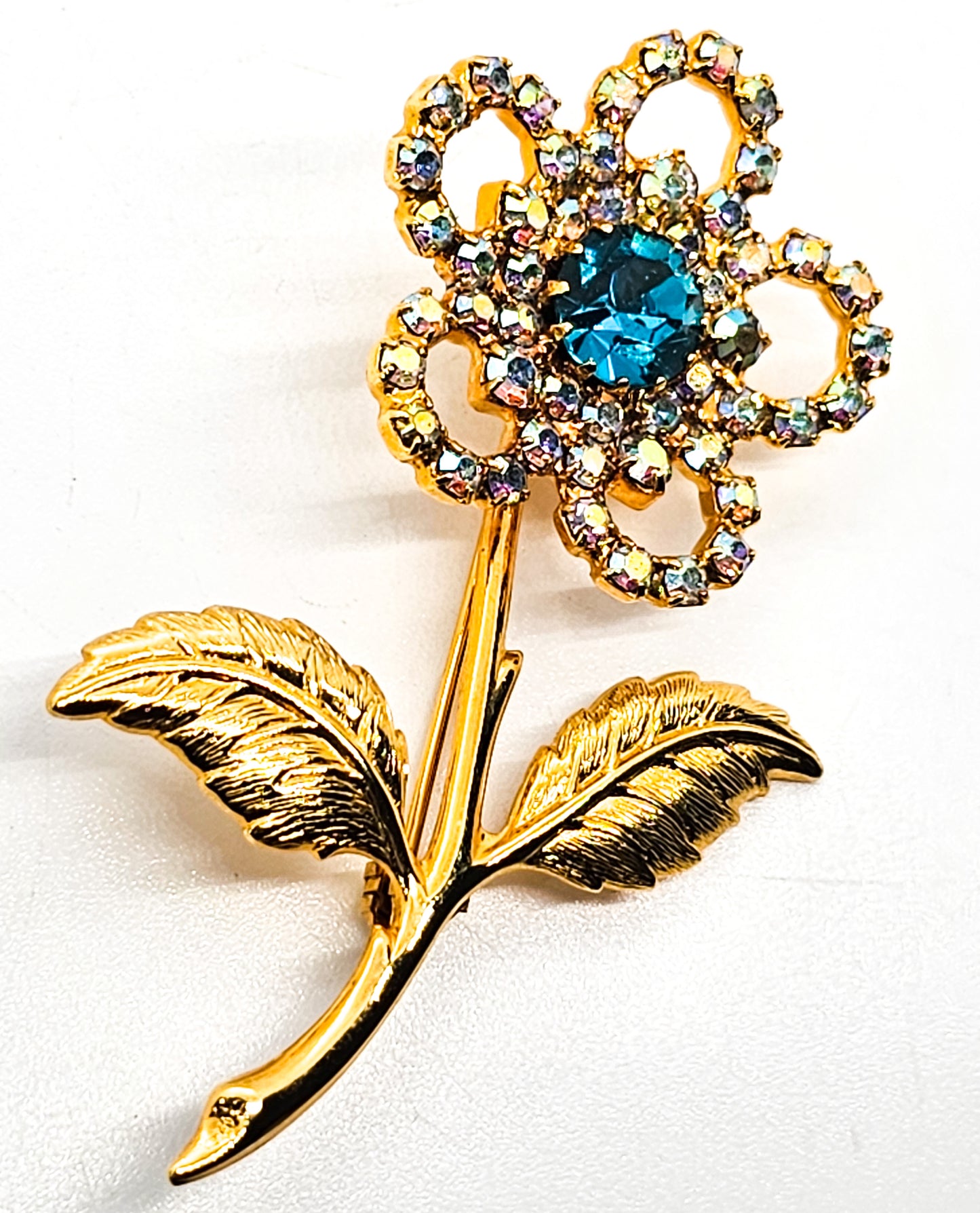 Aqua blue gold toned aurora borealis vintage daisy flower rhinestone brooch