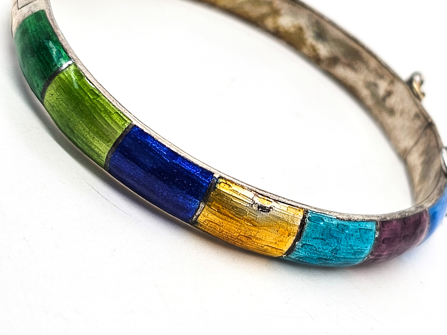 Siam Guilloche Rainbow enamel vintage sterling silver cuff bangle bracelet