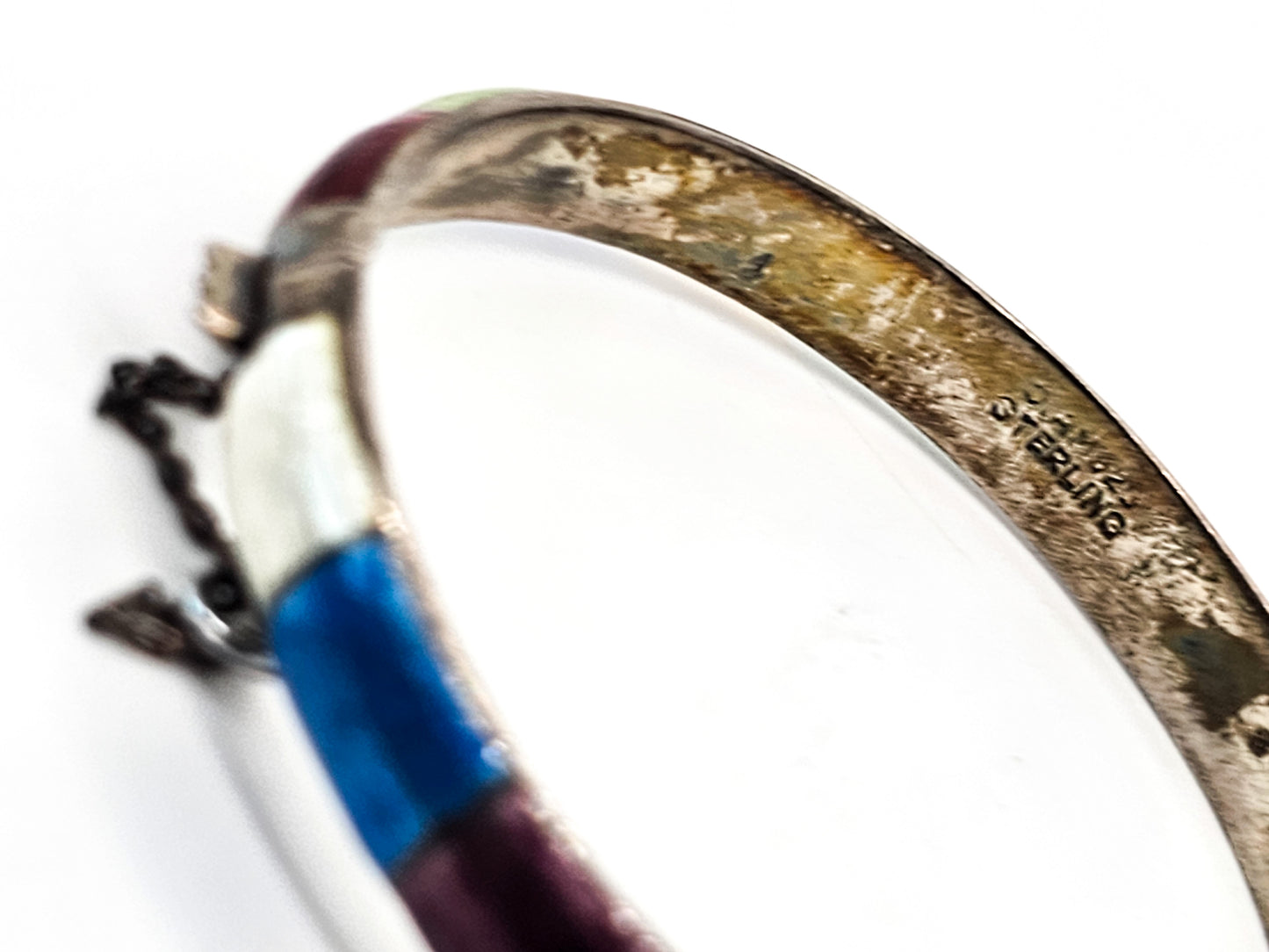 Siam Guilloche Rainbow enamel vintage sterling silver cuff bangle bracelet