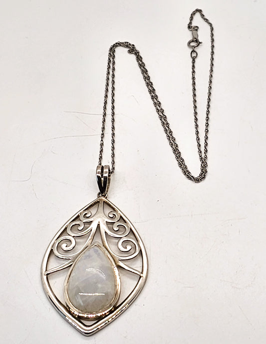 Pear cut blue flash moonstone sterling silver filigree pendant necklace