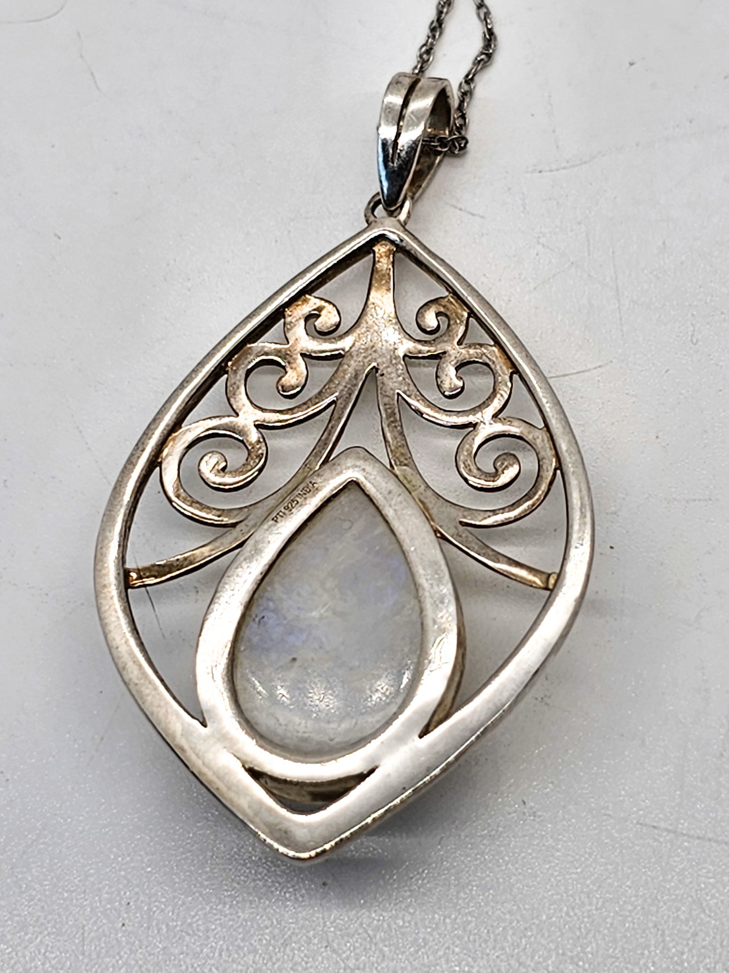 Pear cut blue flash moonstone sterling silver filigree pendant necklace