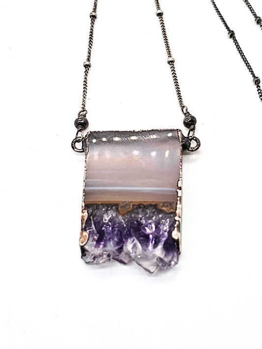 Natural Amethyst and chalcedony slice vintage sterling silver necklace