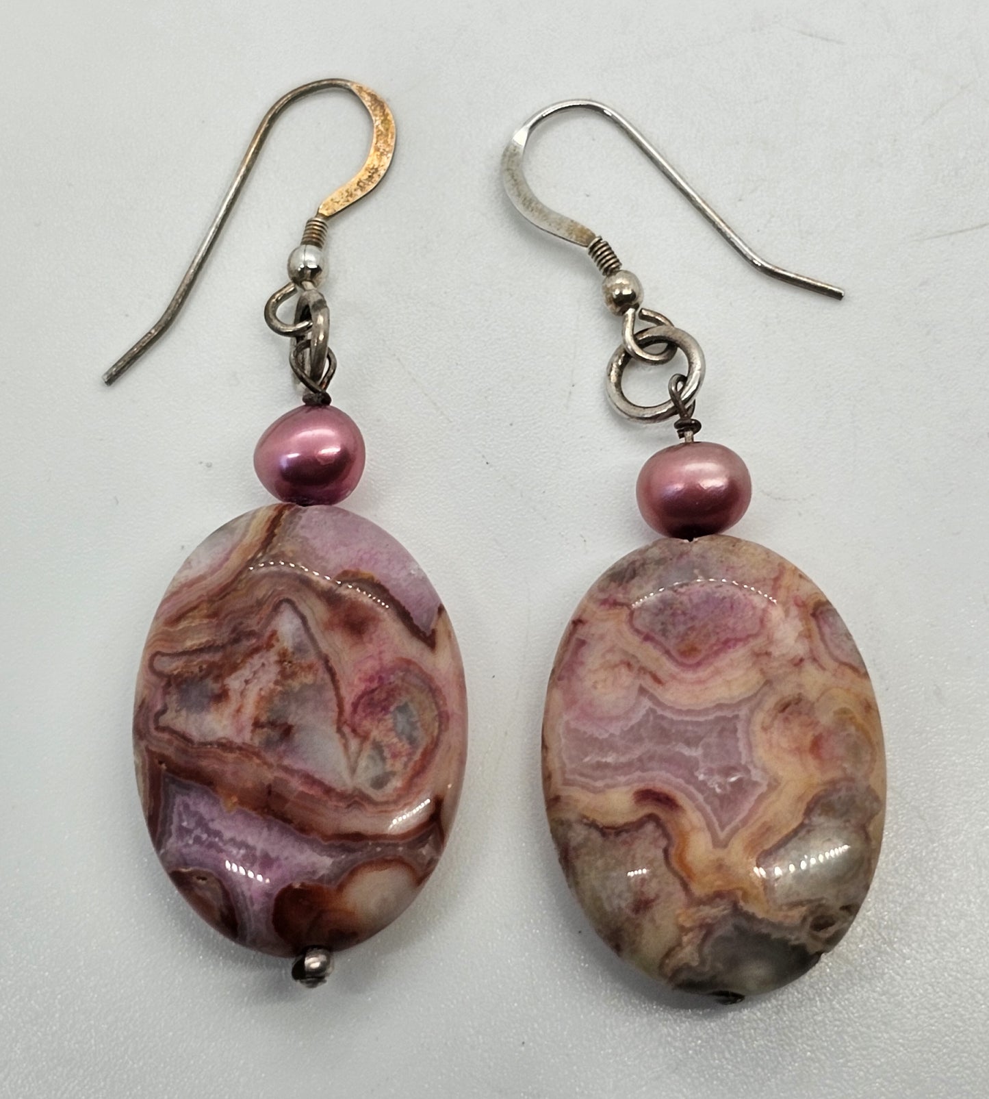 Mexican crazy lace agate and amethyst sterling silver drop earrings