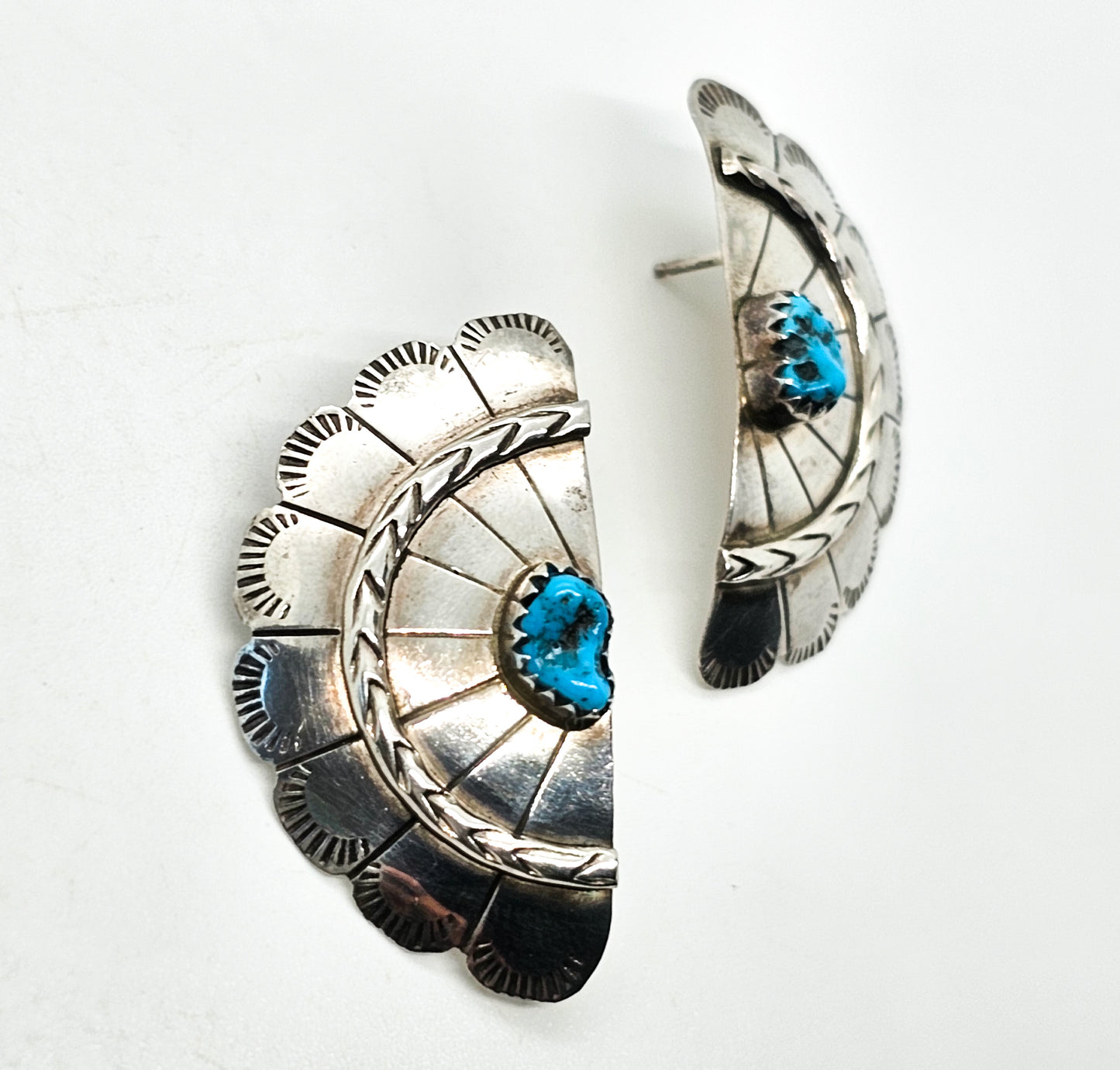 Turquoise nugget Native American vintage sterling silver split concho earrings