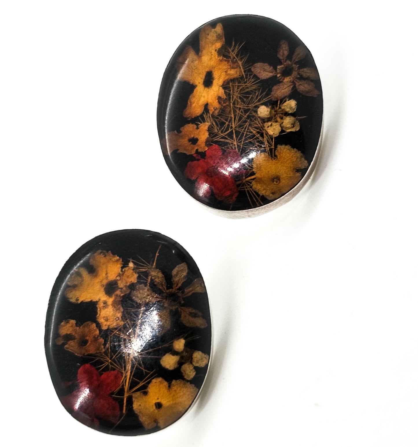 Dried flowers in resin vintage large sterling silver button stud earrings BOHO