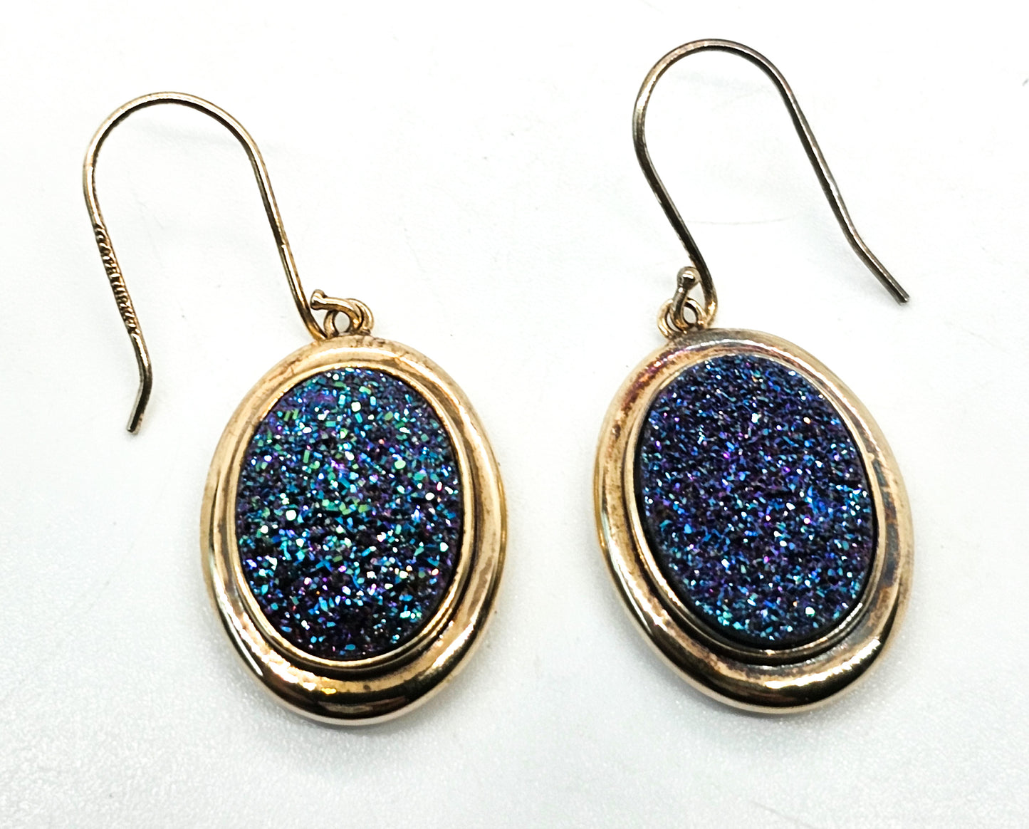 Peacock Aura Druzy Blue and Purple Turkish gold over sterling silver earrings