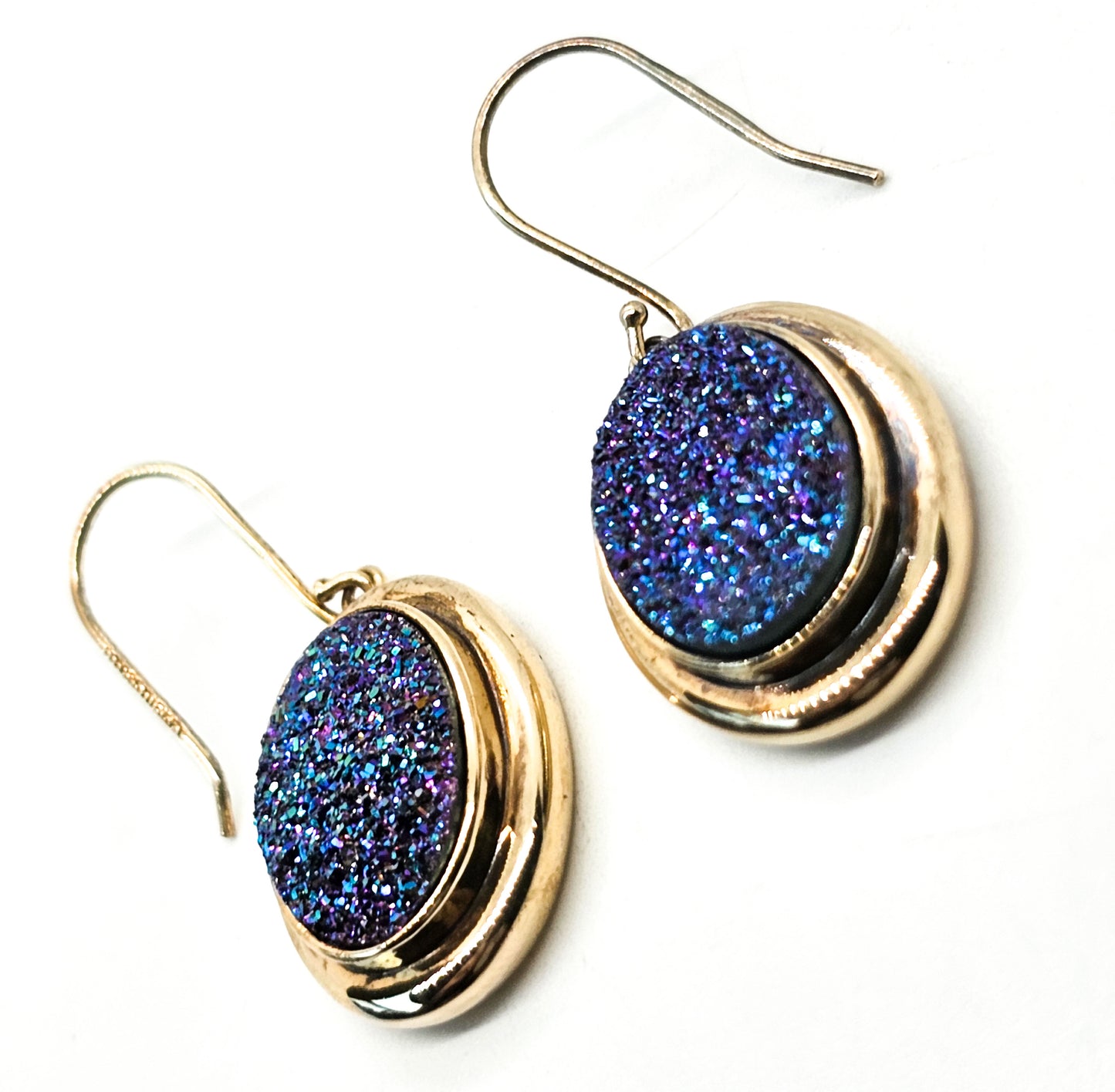 Peacock Aura Druzy Blue and Purple Turkish gold over sterling silver earrings
