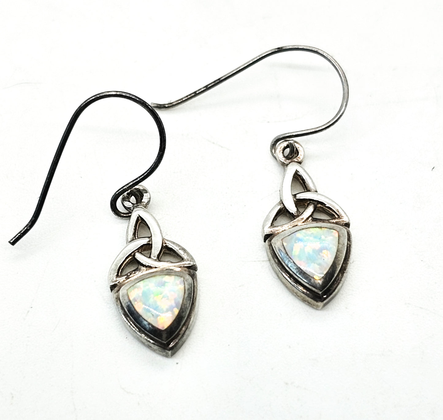 White Fire opal Trinity knot Celtic sterling silver drop earrings