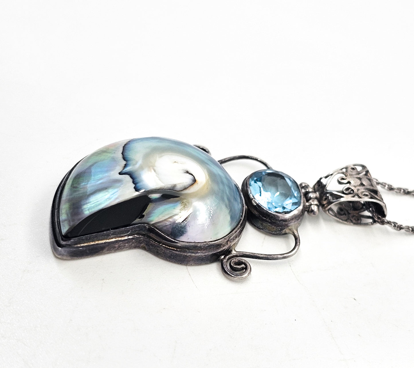 Mermaid treasure Blue topaz and opalescent shell sterling silver pendant necklace