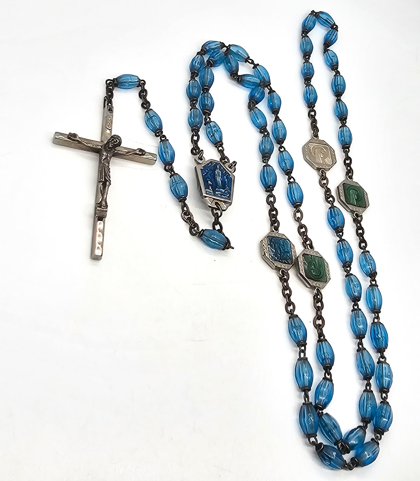 Blue beaded enamel reliquary vintage mid century rosary