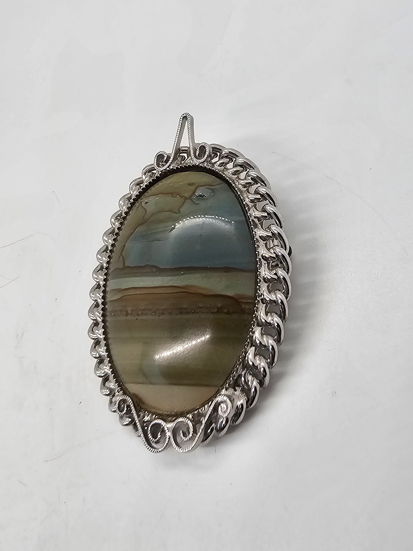 Landscape jasper vintage gemstone convertible silver chain pendant brooch