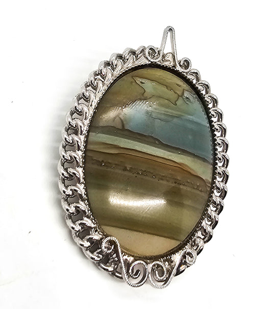 Landscape jasper vintage gemstone convertible silver chain pendant brooch