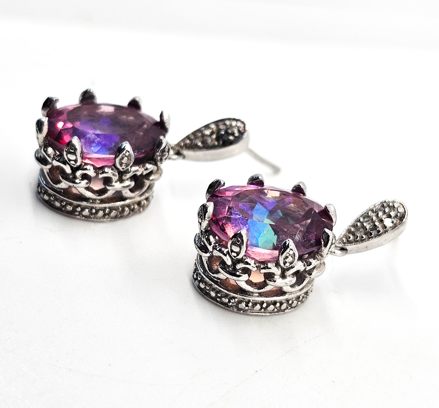 Pink volcanic Aura Quartz sterling silver white sapphire drop earrings