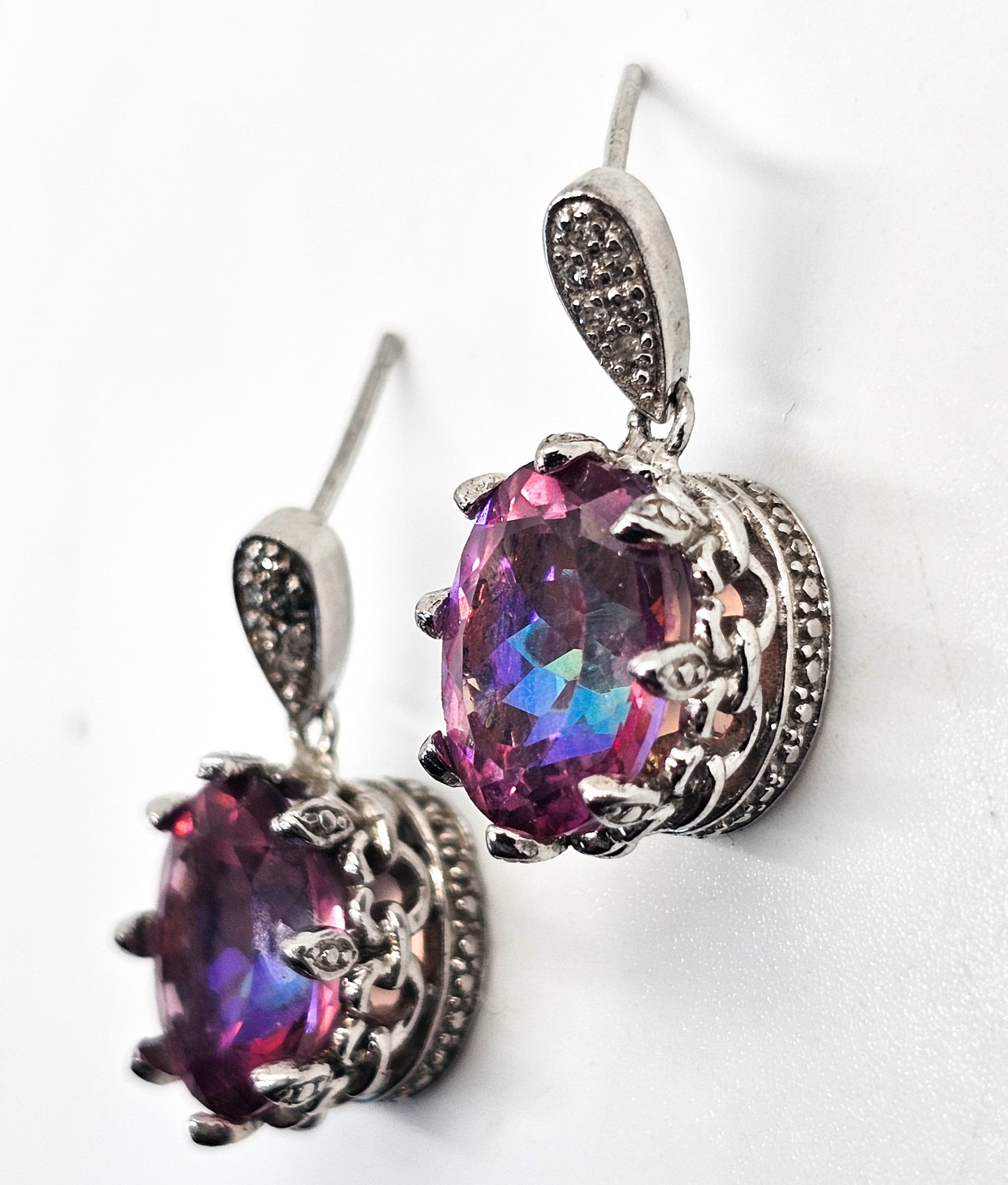 Pink volcanic Aura Quartz sterling silver white sapphire drop earrings