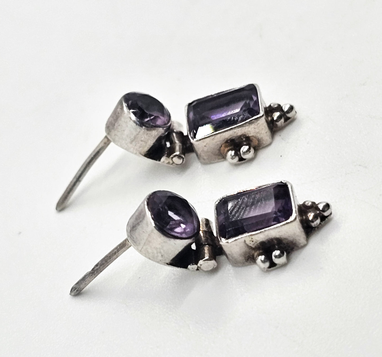 Amethyst faceted Bali Balinese style thick sterling silver articulated drop earrings
