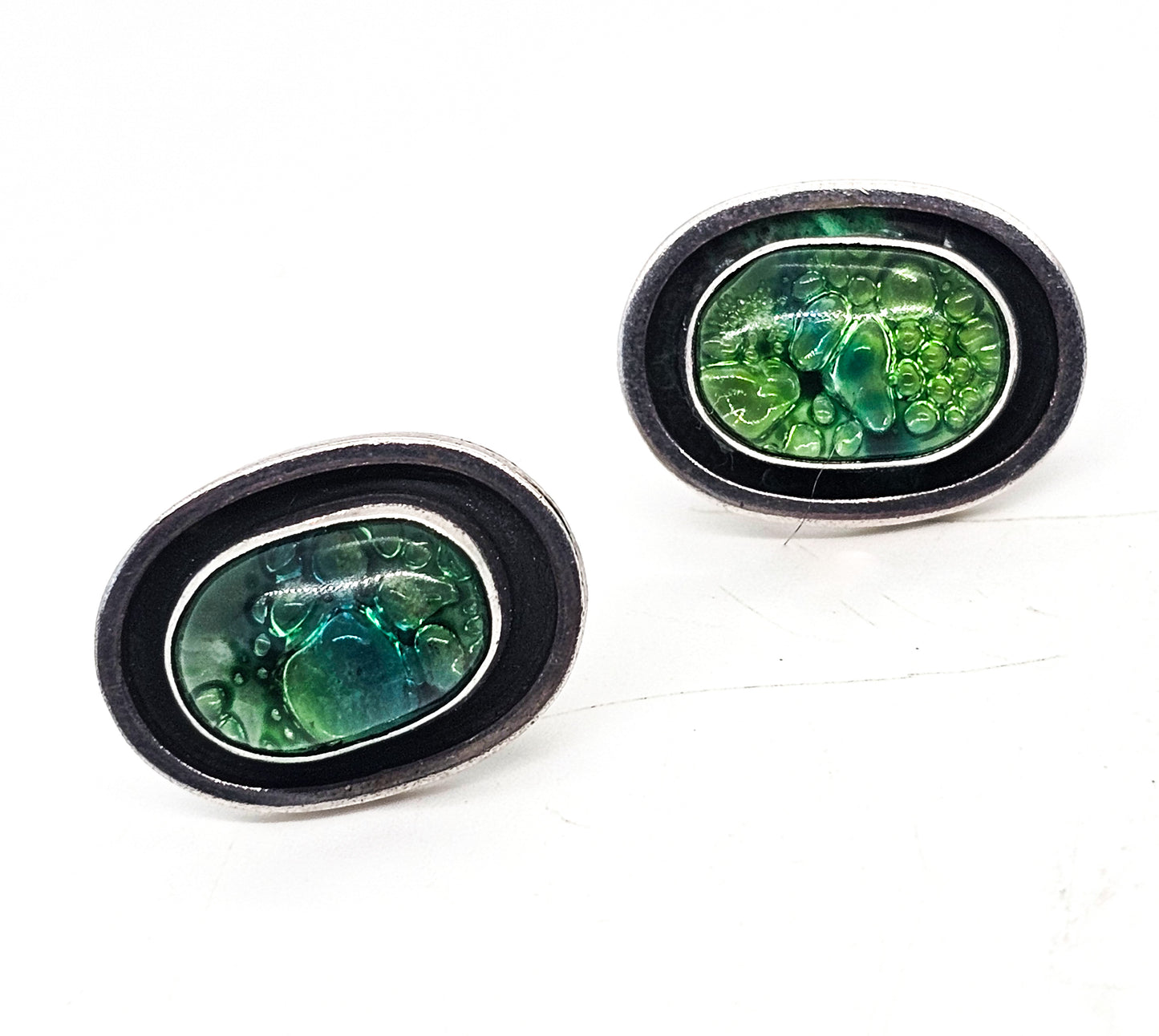 Green Dichroic glass vintage shadowbox sterling silver Mexican stud earrings