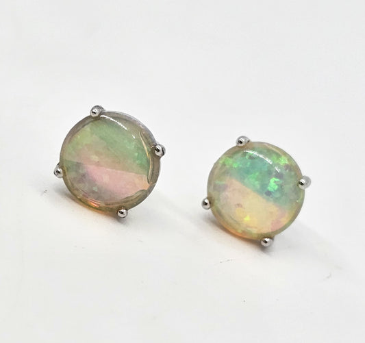 White fire opal round sterling silver stud earrings