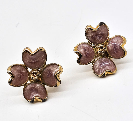 Light purple shimmer gold toned vintage flower clip on earrings