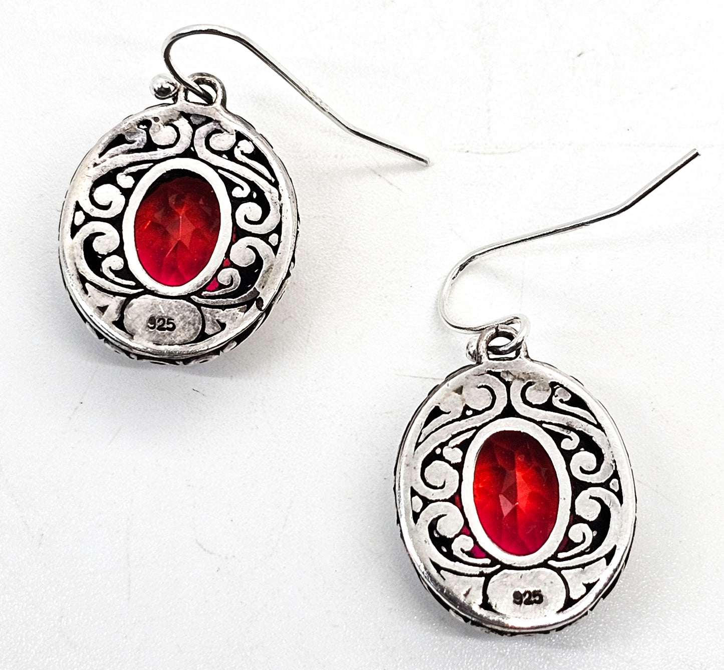 Balinese red faceted gemstone with Cubic Zirconia halo sterling silver earrings