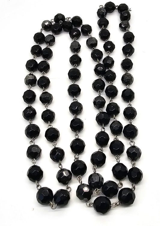 Faceted black glass vintage linked opera length long classic necklace