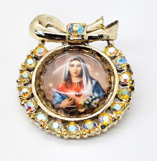 Aurora borealis Miraculous medal Mary vintage Catholic brooch
