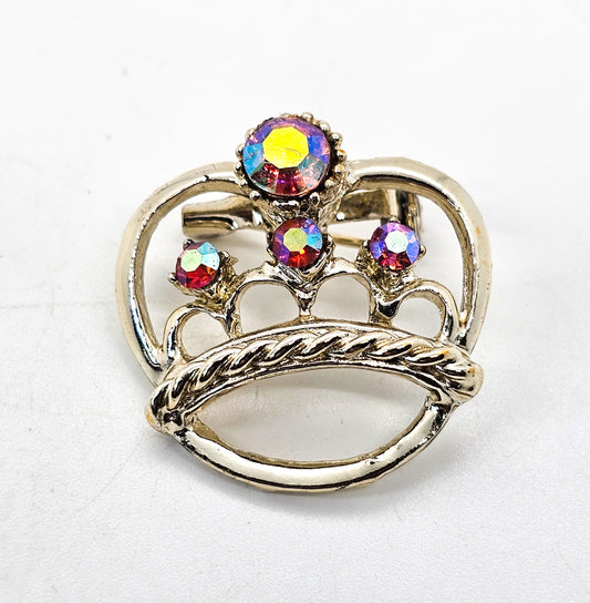 Pink Aurora Borealis gold toned vintage crown coronation brooch