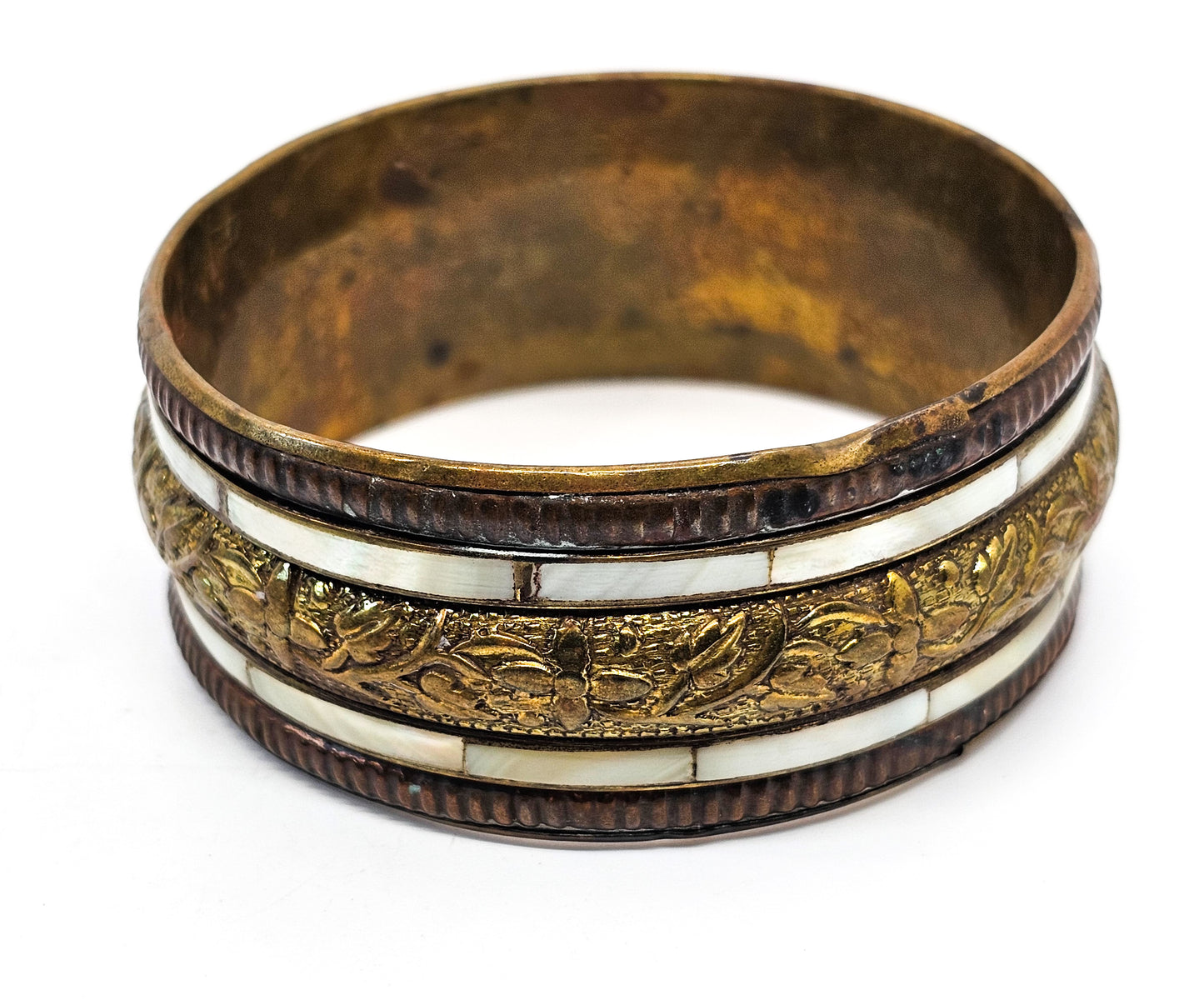 Embossed brass and Mother of Pearl MOP vintage Bangle Bracelet Made in India